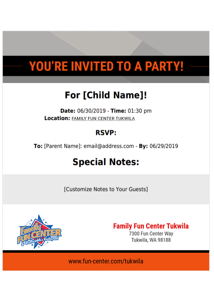 Sample print invite for Tukwila fun center